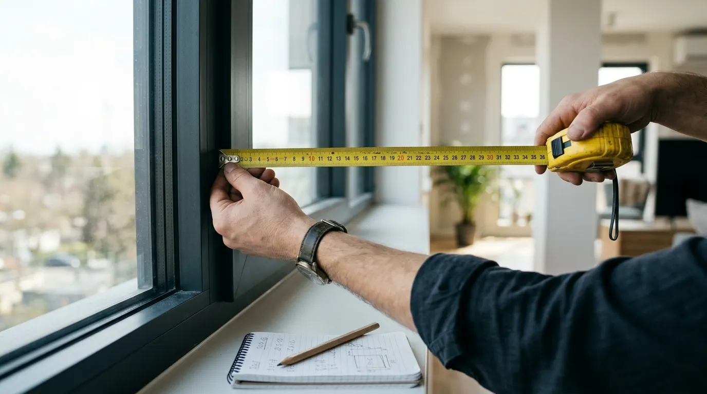 Instalador de Full Roller midiendo el ancho de una ventana con huincha