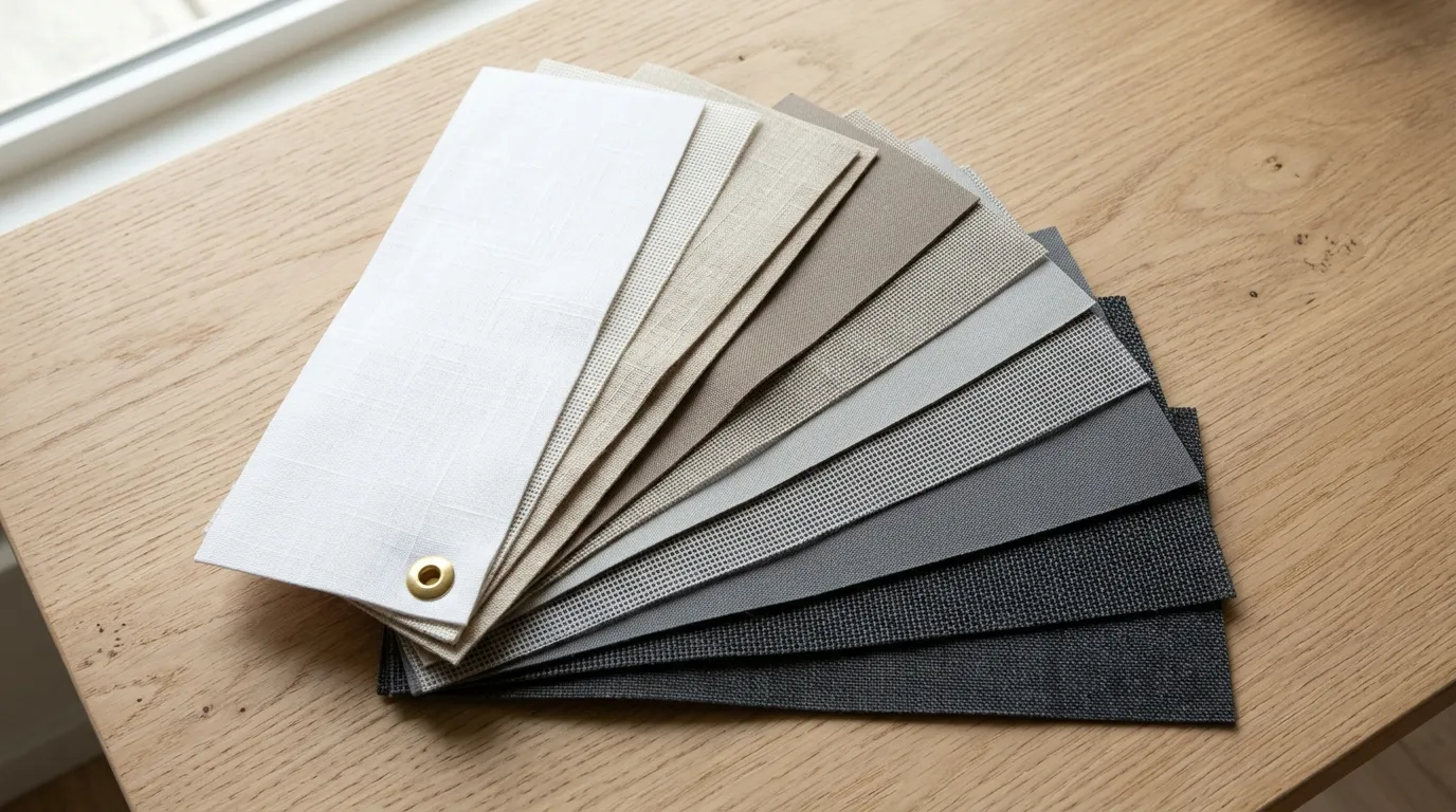 Muestrario de telas roller en tonos blanco, lino, arena, taupe, gris y carbón